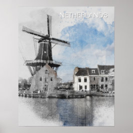 Póster Acuarela Molino de Viento de Países Bajos – Holand
