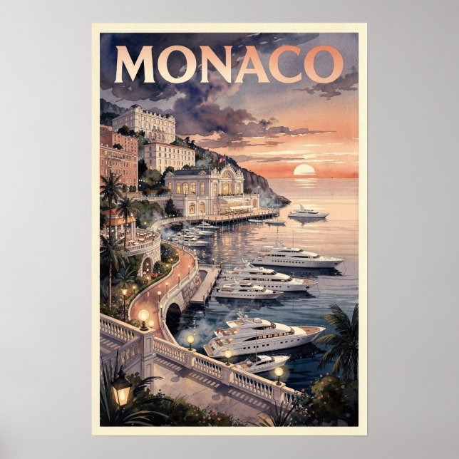 Póster Acuarela Mónaco Viajes Vintage (Frente)