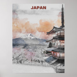 Póster Acuarela Monte Fuji & Pagoda Japonesa – Tierra de