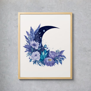 Póster Acuarela Moon Mystical Celestial Floral Púrpura