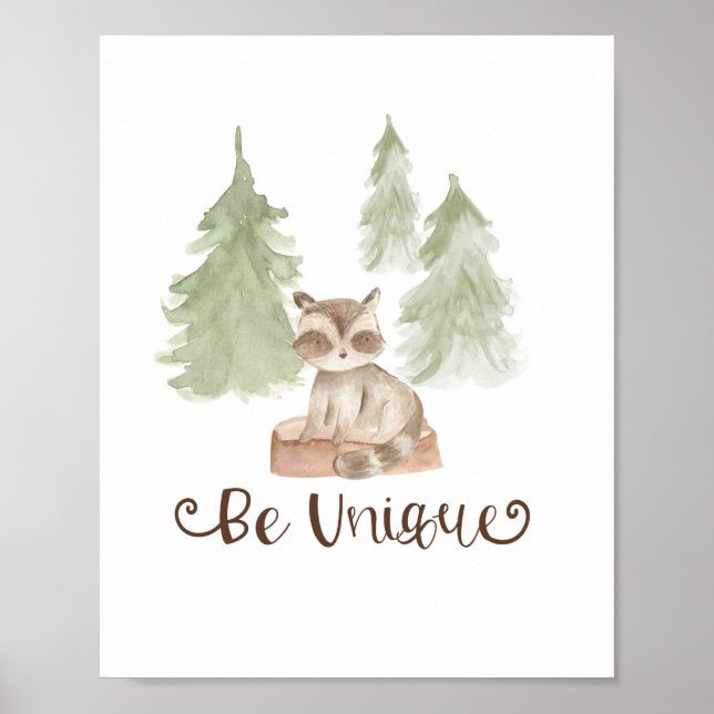 Póster Acuarela Oso Bosque Amigos Ser Único Cuarto del Be (Frente)