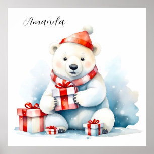 Póster Acuarela Oso Polar Blanco Navideño Adorable