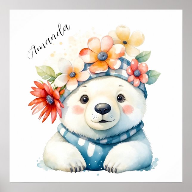 Póster Acuarela Oso Polar Lindo con Flores (Frente)