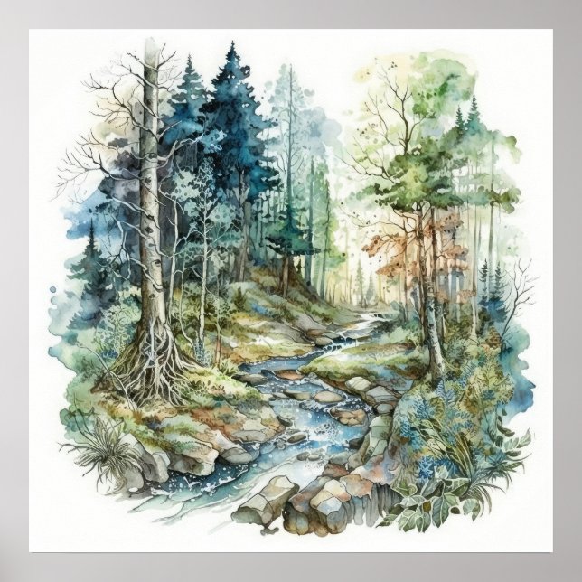 Póster Acuarela Pacífica de corrientes forestales (Frente)