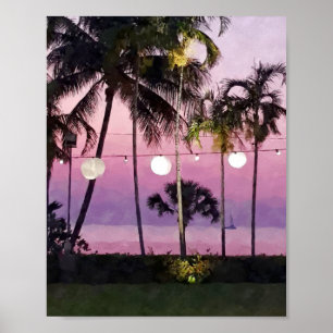 Póster Acuarela Palm Rosa Tropical Beach Sunset Poster