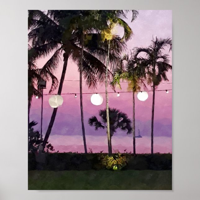 Póster Acuarela Palm Rosa Tropical Beach Sunset Poster (Frente)