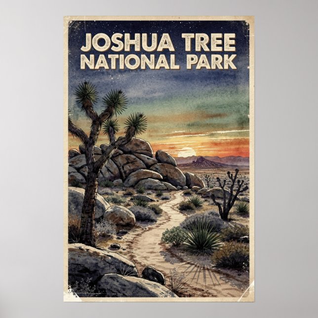 Póster Acuarela Parque Nacional Joshua Tree Retro (Frente)