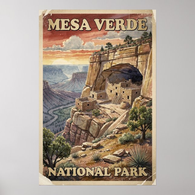 Póster Acuarela Parque Nacional Mesa Verde Retro (Frente)