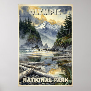 Póster Acuarela Parque Nacional Olympic Retro