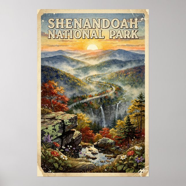 Póster Acuarela Parque Nacional Shenandoah Retro (Frente)