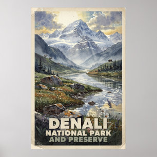 Póster Acuarela Parque Nacional y Reserva Denali Retro