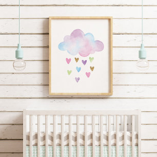 Póster Acuarela Pastel Corazones Nube Niña Nursera