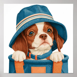 Póster Acuarela Perro Marrón Blanco Lindo Sombrero Azul M