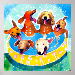 Póster Acuarela Perros caprichosos piscina Fiesta Poster 