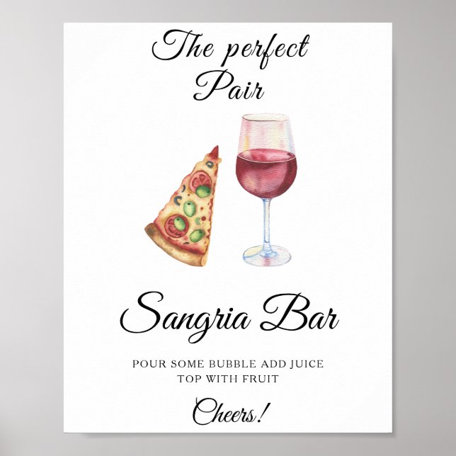 Póster Acuarela Pizza Vino Bridal Ducha Sangria bar (Frente)