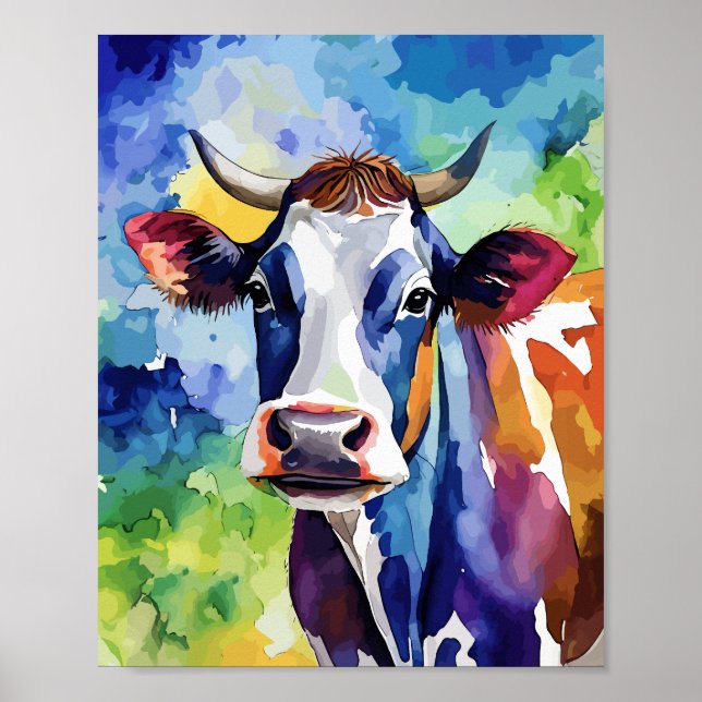 Póster Acuarela Popart de Vaca Colorida (Frente)