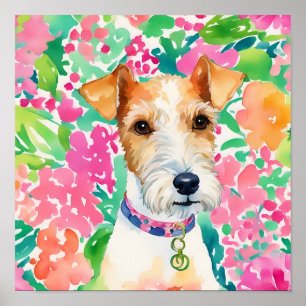 Póster Acuarela Preppy Palm Beach Fox Terrier Dog
