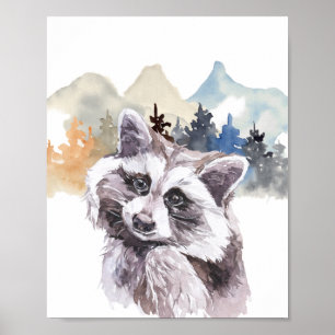 Póster Acuarela Raccoon Forest Nursery Child Woodland