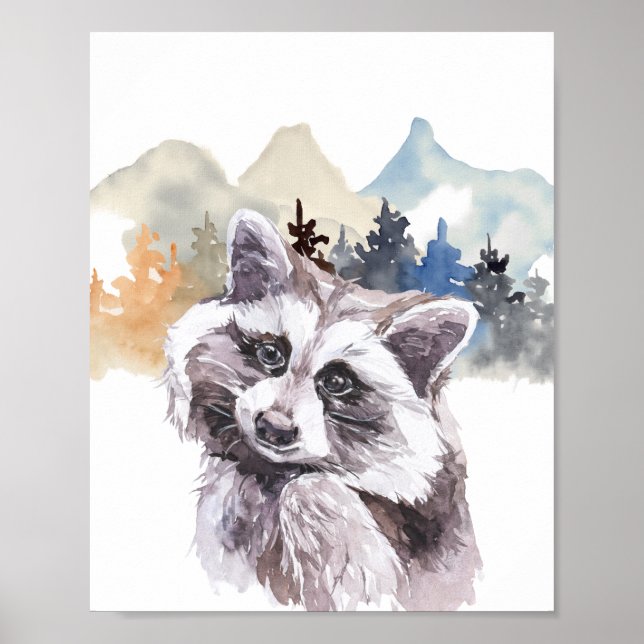 Póster Acuarela Raccoon Forest Nursery Child Woodland (Frente)