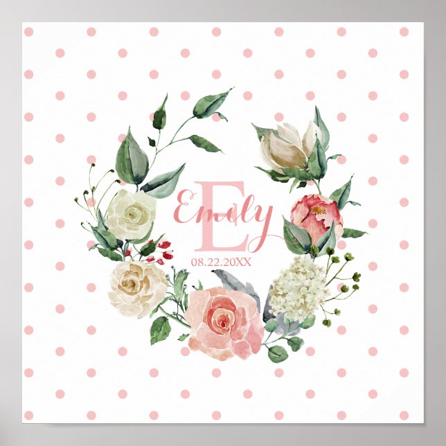 Póster Acuarela rosa Floral Polka Dots Chica Nursery (Frente)