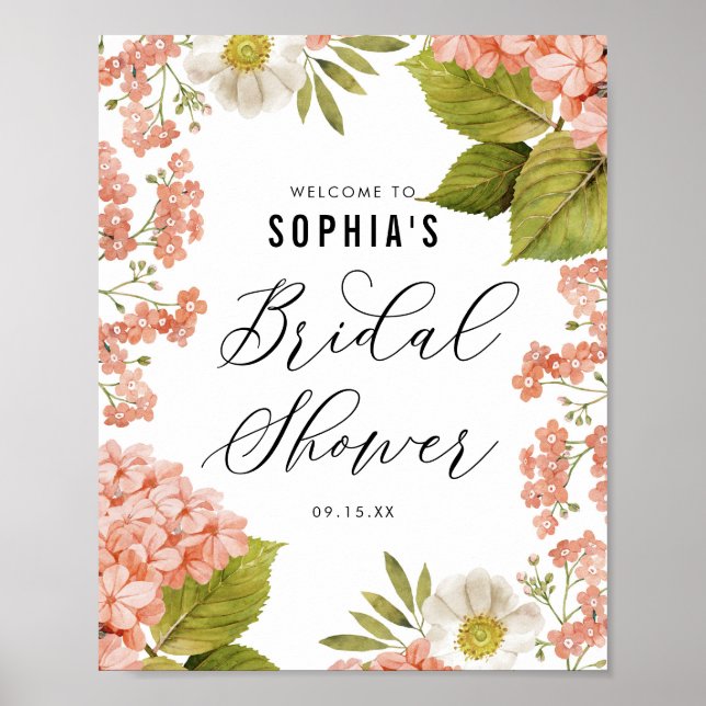 Póster Acuarela Rusa Peach Hydrangeas Bridal Shower (Frente)