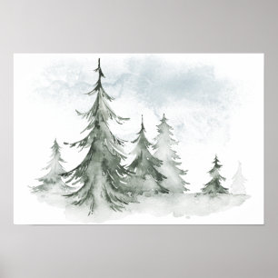Póster Acuarela Rustic Fir Trees Invierno