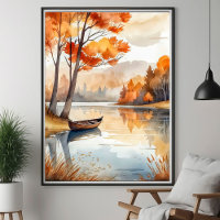 Acuarela Rustic Otoño Árboles Caídos Lago Rowboat