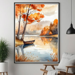 Póster Acuarela Rustic Otoño Árboles Caídos Lago Rowboat