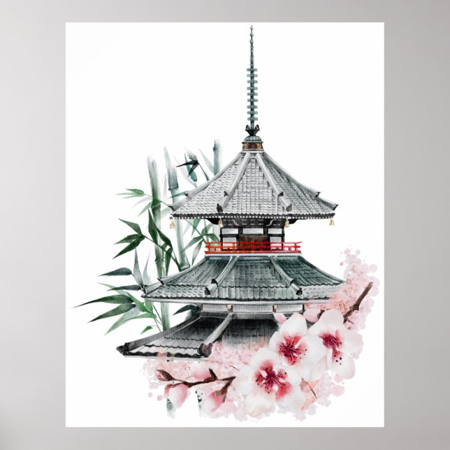 Póster Acuarela Sakura Blossom Templo Japonés de Bambú (Frente)