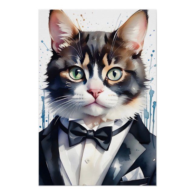 Póster Acuarela Tabby Cat en esmoquin y corbata negra (Anverso)