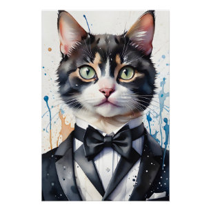 Póster Acuarela Tabby Cat en Tuxedo Vest Black Bow