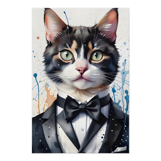 Póster Acuarela Tabby Cat en Tuxedo Vest Black Bow (Anverso)