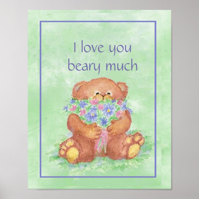 Póster Acuarela Teddy Oso arbolado de flores amor beary (Frente)