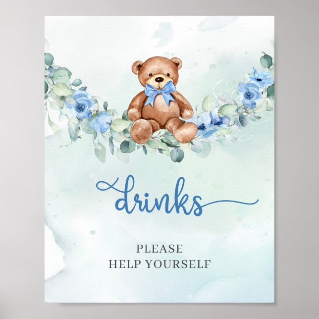 Póster Acuarela Teddy oso azul floral bebidas de vegetaci (Frente)