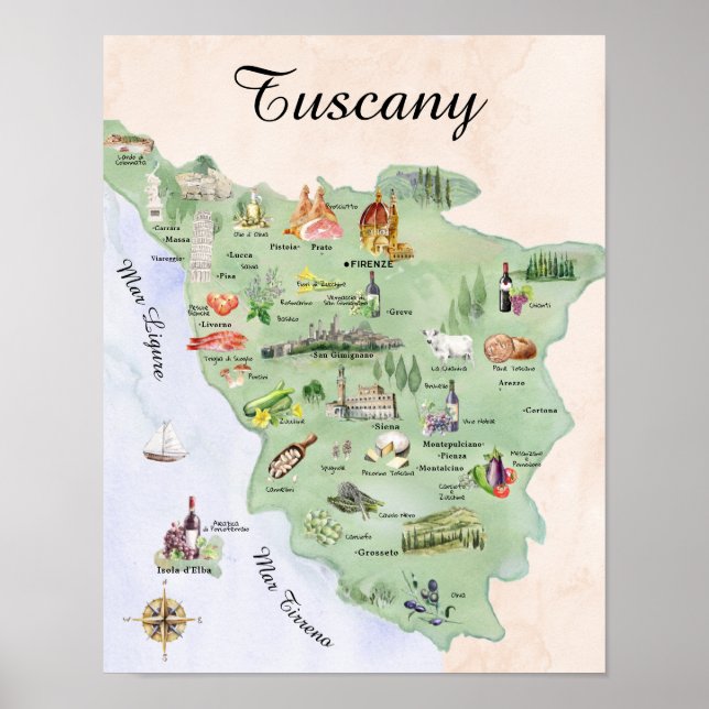 Póster Acuarela Toscana: Comida y mapa de monumentos (Frente)