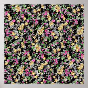 Póster acuarela transparente patrón floral fondo negro