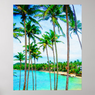 Póster Acuarela Tropical Beach Palm Trees Océano