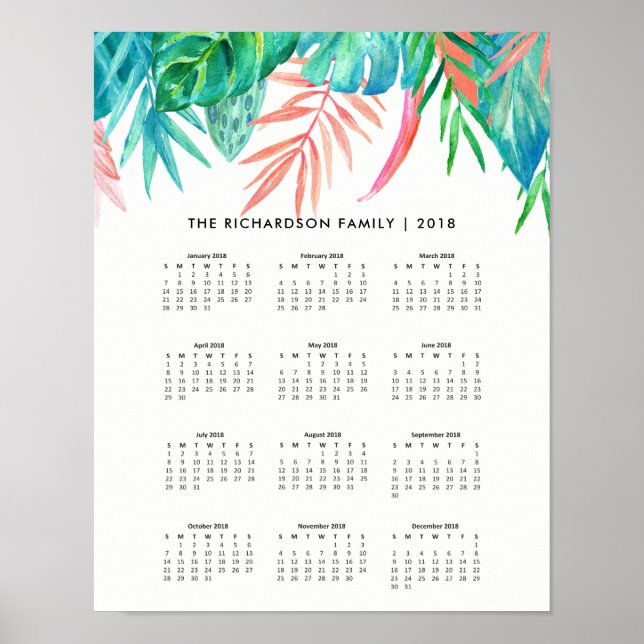 Póster Acuarela tropical de moda | Calendario 2018 (Frente)