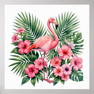 Póster Acuarela Tropical Flamingo Rosa Floral Hawaiano