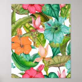 Póster Acuarela Tropical Hawaiana Hibiscus Floral