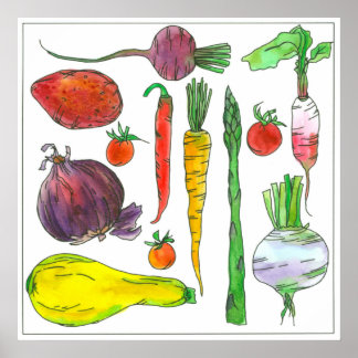 Póster Acuarela Vegetales Zorras de remolacha Asparagus