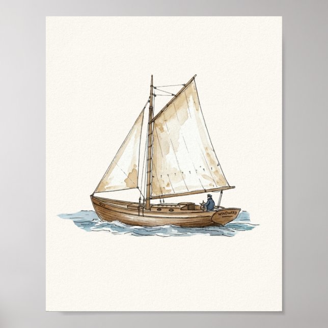 Póster Acuarela Vintage Barco Náutico (Frente)