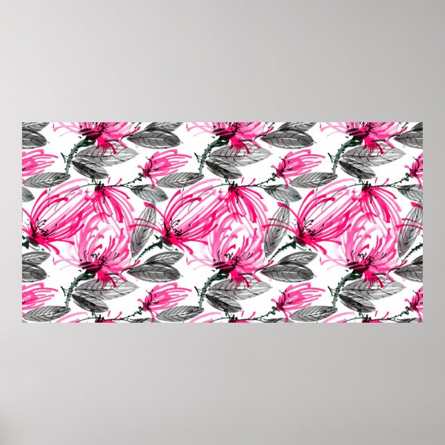 Póster Acuarela y ilustracion de tinta de flor roja con (Frente)