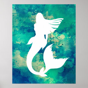 Póster Acuarelas Ocean Hues Mermaid Silhouette