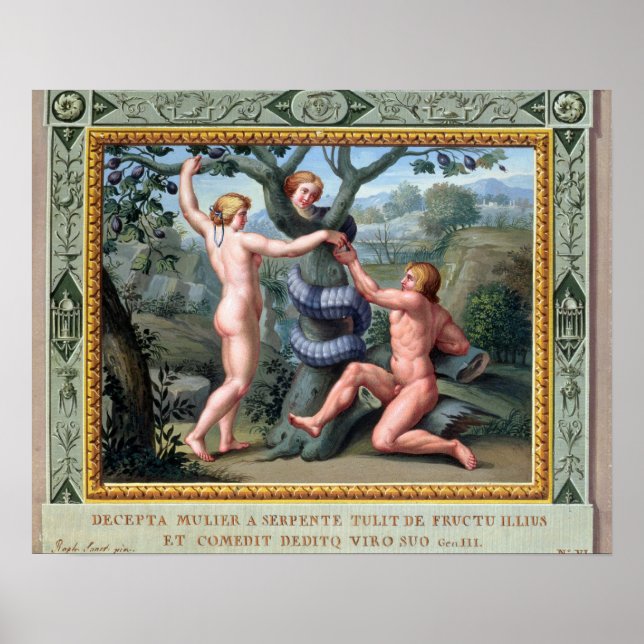 Póster Adán y Eva con la serpiente, ilustracion de t (Frente)