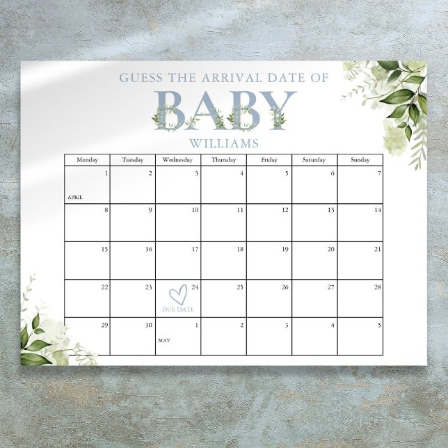Póster Adivina La Fecha De Llegada El Verde Azul Baby Sho (Guess The Arrival Date Greenery Blue Baby Shower Poster)