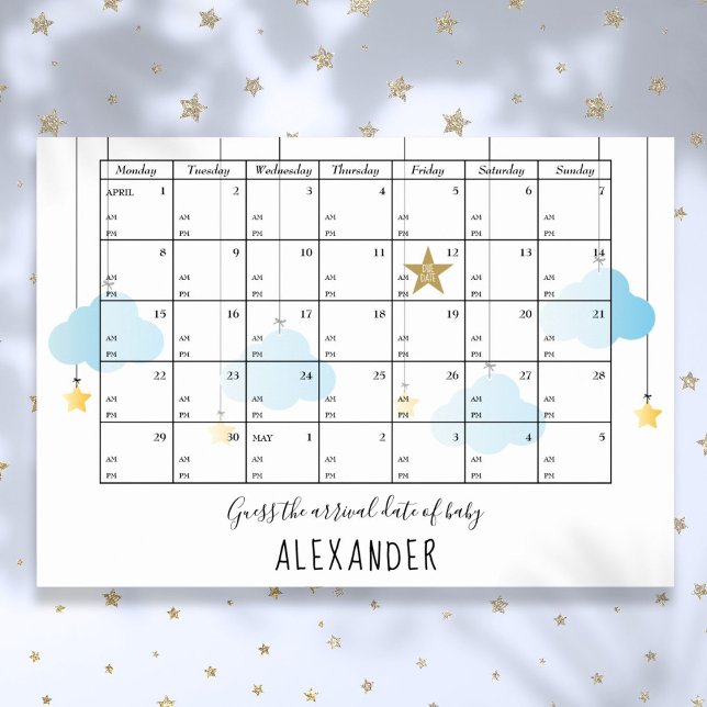Póster Adivinar El Juego De Baby Shower De Las Estrellas  (Guess The Due Date And Time Stars Baby Shower Game Poster)