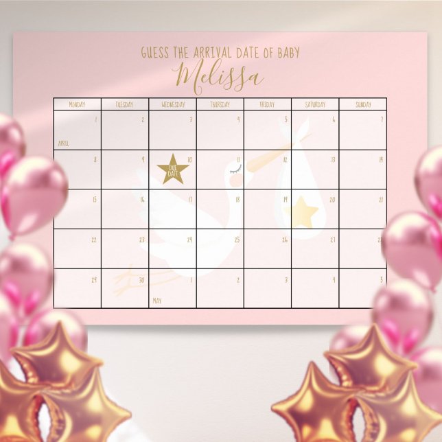 Póster Adivinar la partida de Baby Shower rosada del cale (Guess The Due Date Calendar Pink Baby Shower Game Poster)