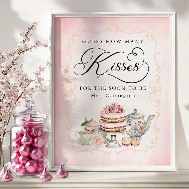 Póster Adivinen cuántos besos Rótulo de ducha de novia (Bridal Shower Game Sign)