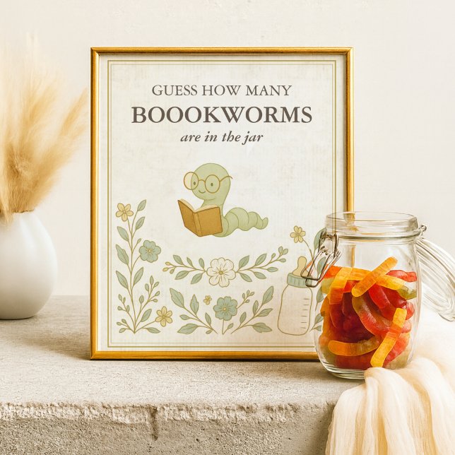 Póster Adivinen cuántos Bookworms Storybook Baby Shower (Guess How many Bookworms are in the jar Storybook Baby Shower Sign, Our next chapter, Book Themed)